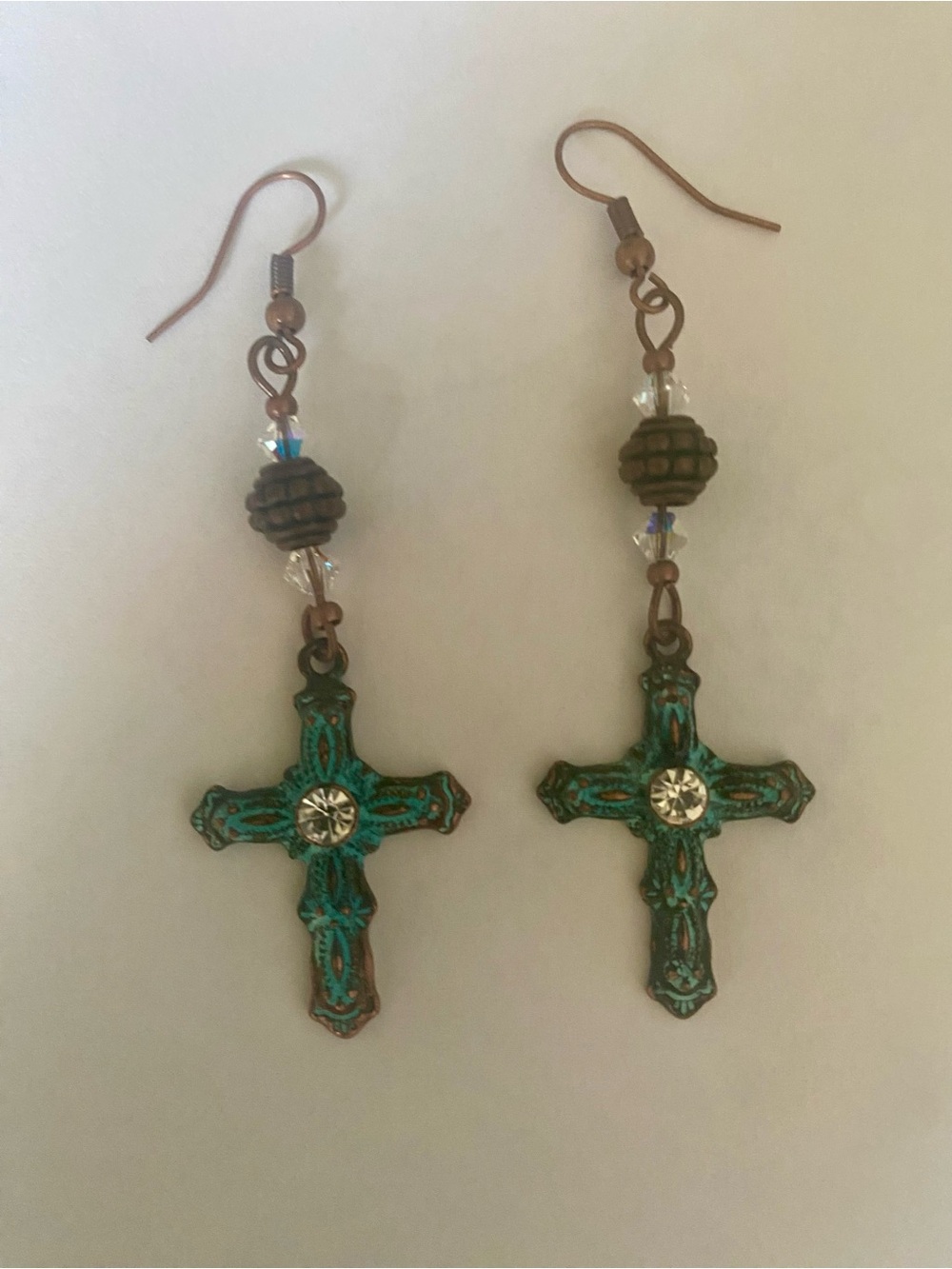 Turquoise Patina Cross with Rhinestone and Crystal Earrings